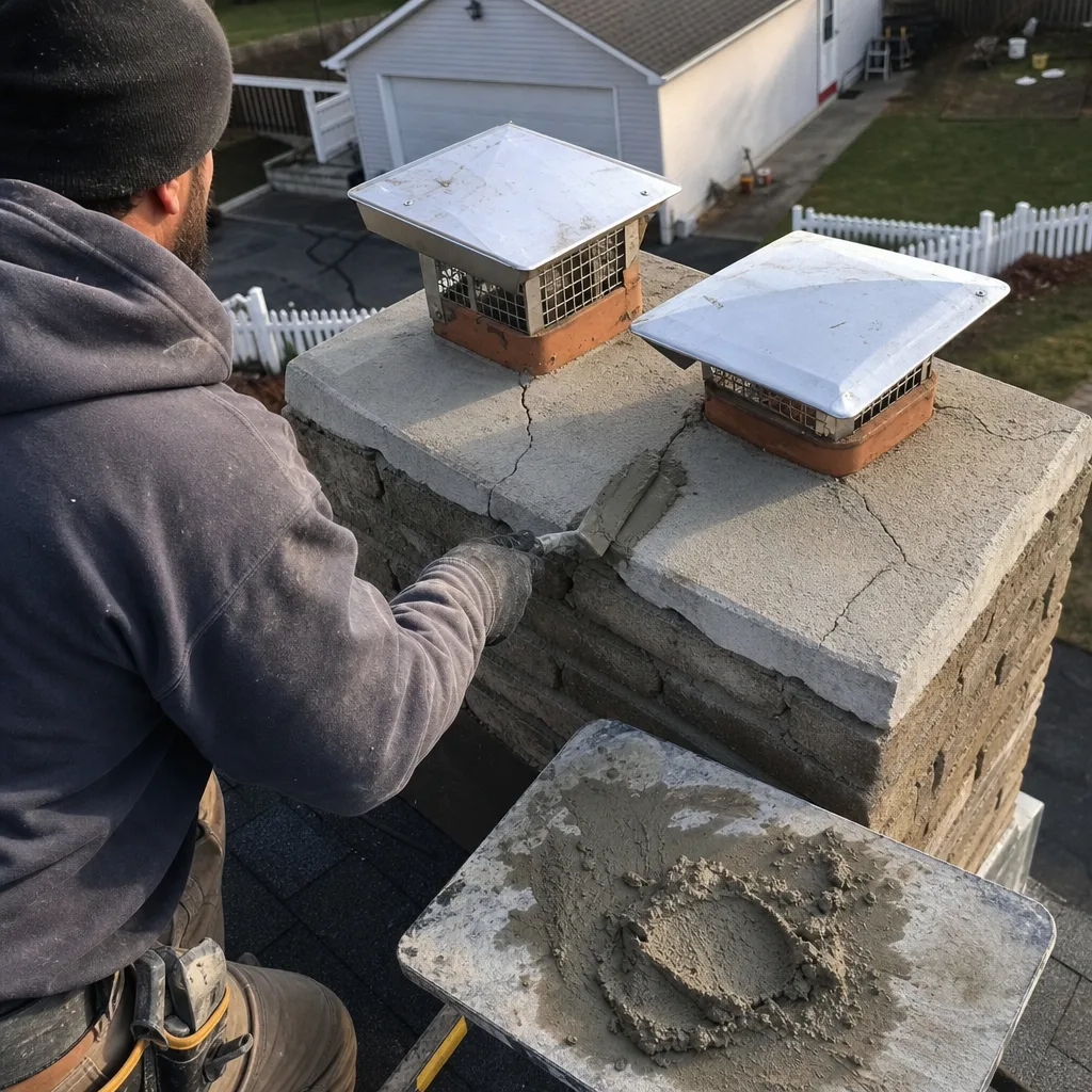Professional chimney technician repairing a cracked chimney crown with mortar.