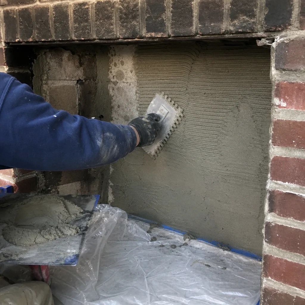 Worker applying mortar to a brick fireplace using a notched trowel