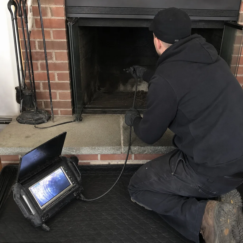 professional chimney sweep performing a video fireplace inspection