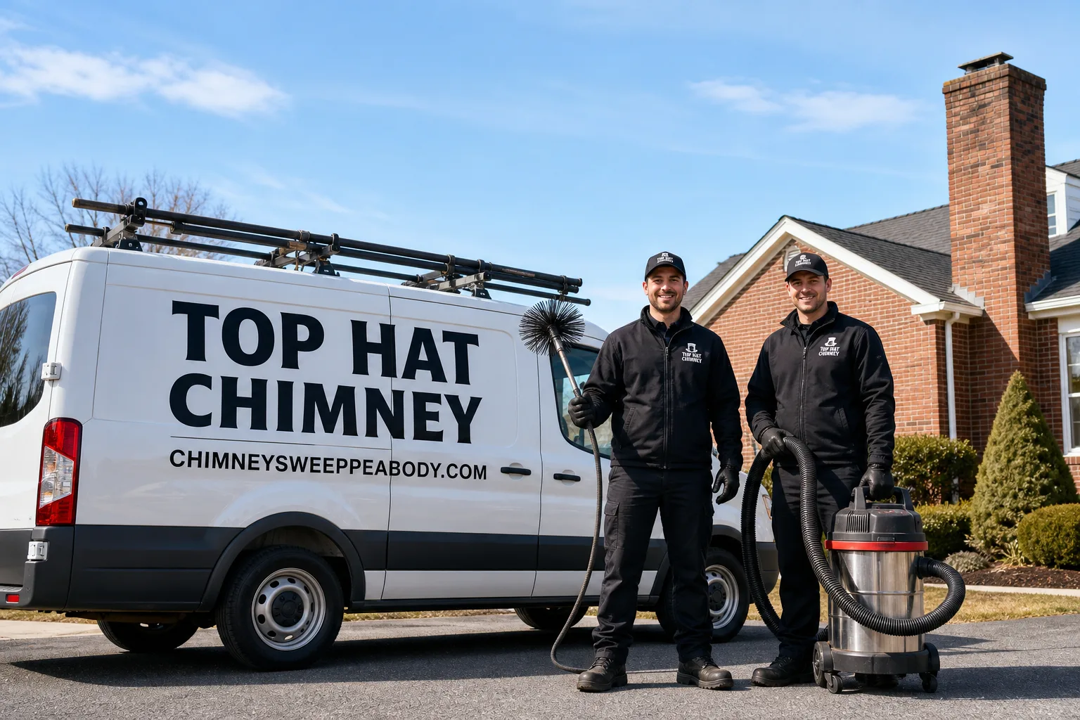 Top Hat Chimney chimney cleaning service vehicle and crew in Peabody, MA